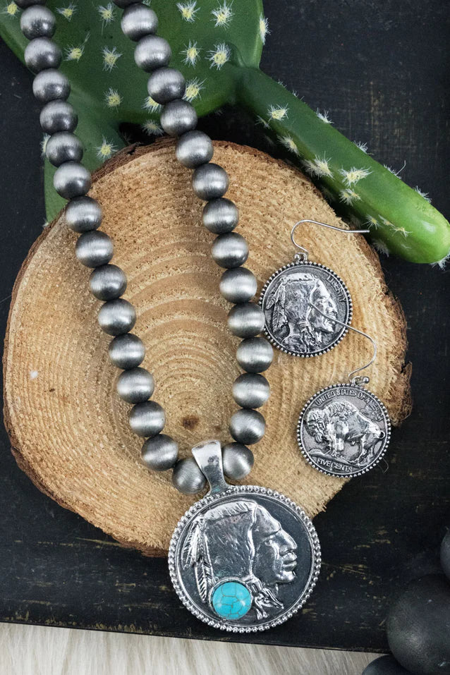 Quickriver Headdress Pendant Silver Pearl Necklace and Earring Set