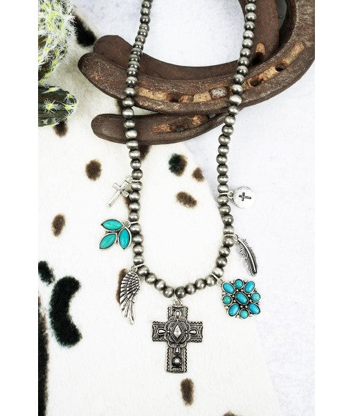 Cross Charm Turquoise and Silver Pearl Necklace