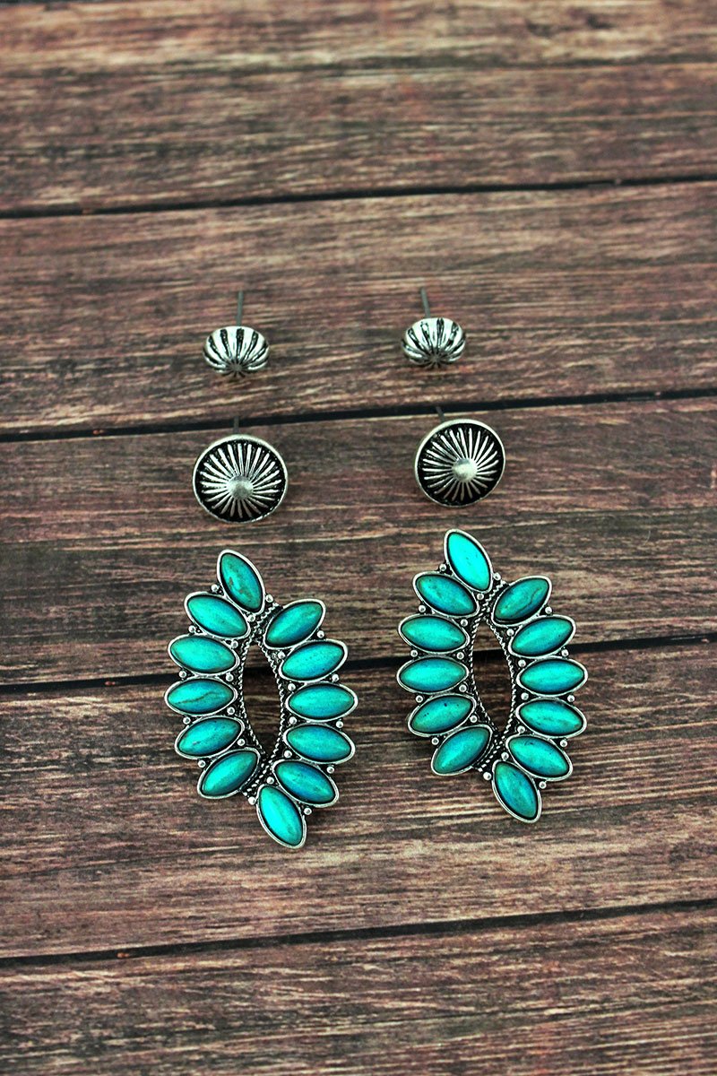Turquoise Overlapping Oval and Silvertone Stud Earrings 3 Pair Set