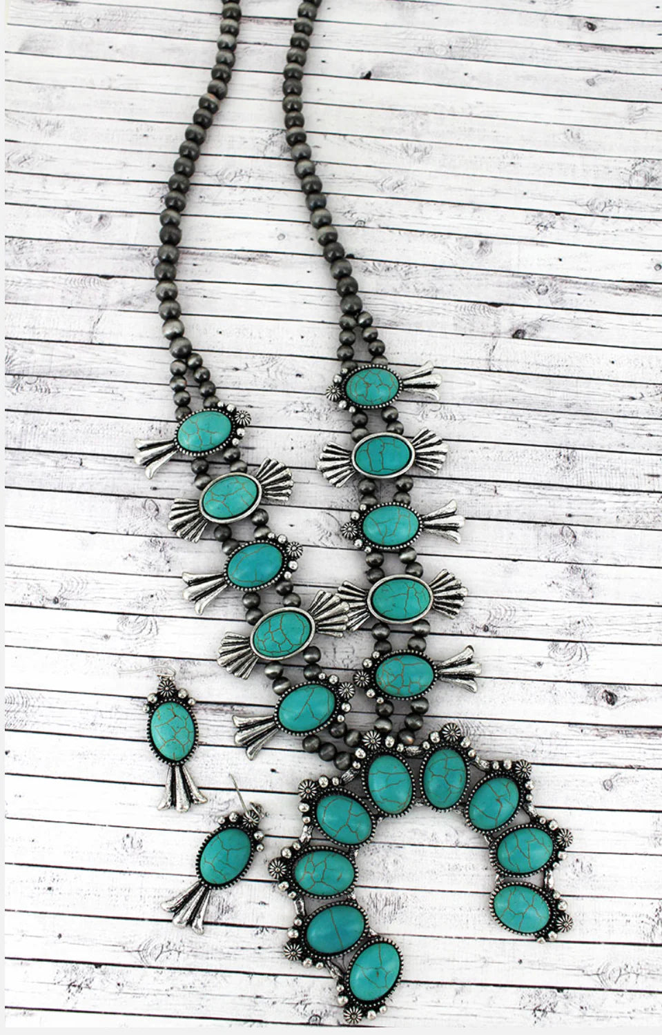 Silver Navajo turquoise beaded squash blossom set