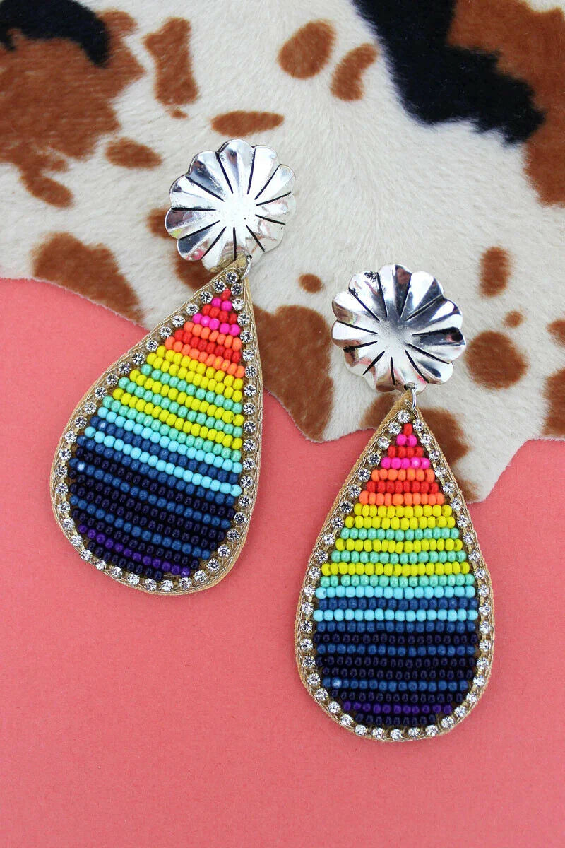 Silvertone Concho and Rainbow Seed Bead Teardrop Earrings