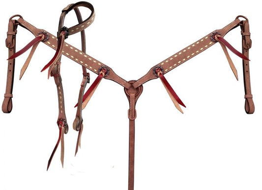 Tack Set - Single Ear Headstall and Breastcollar set with Natural Buckstitch trim w/ Reins