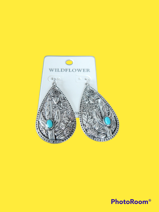 Silvertone & Turquoise Cactus Sunflower Teardrop Earrings