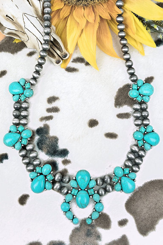 Turquoise Roanoke Squash Blossom Silver Pearl Necklace