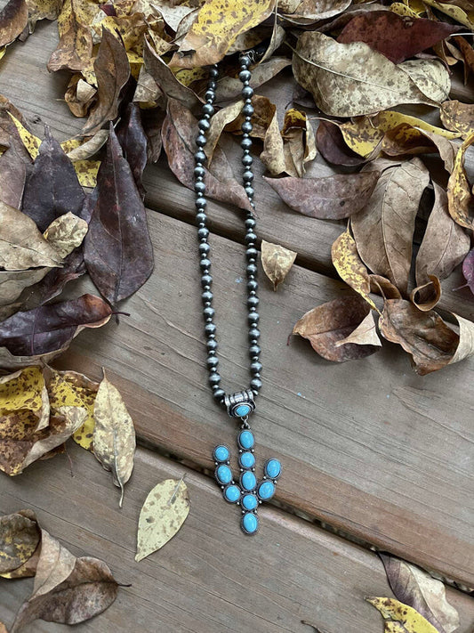 Turquoise Sabino Cactus Silver Pearl Necklace