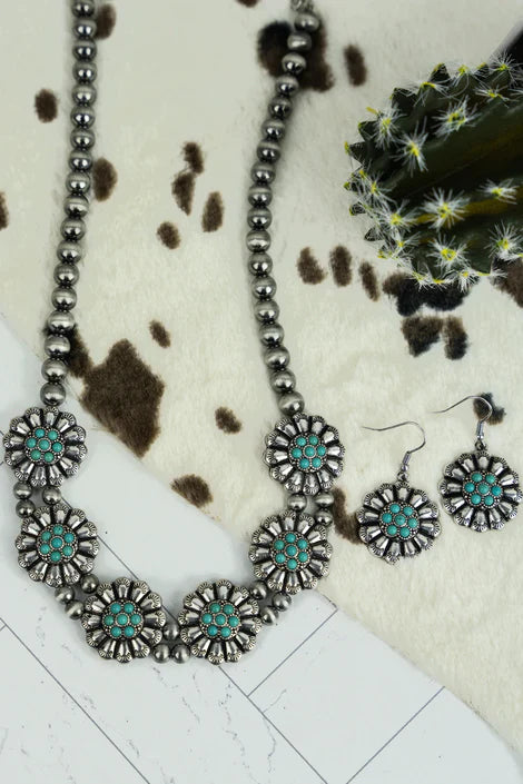 Turquoise Santa Rita Silver Pearl Necklace and Earring Set